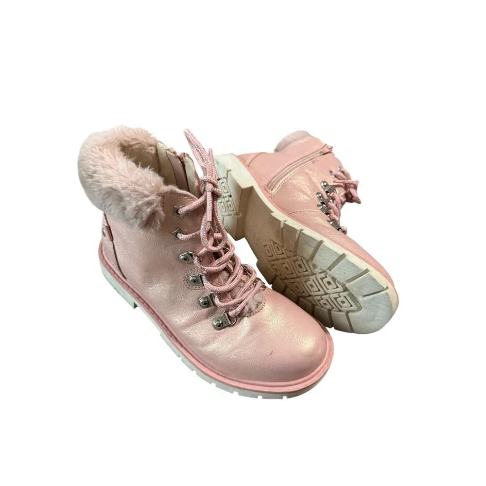 DREAM PAIRS Pink Girl Kid Side Zipper Lace up Faux Fur Ankle Size 2 Warm Sparkle